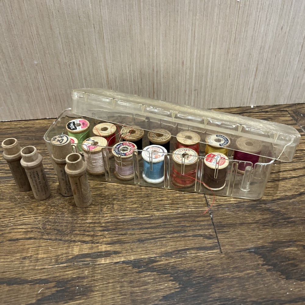 Vintage Sewing Lot Tidee Maid Thread Box Wooden Spools & Needle Cases Talon READ